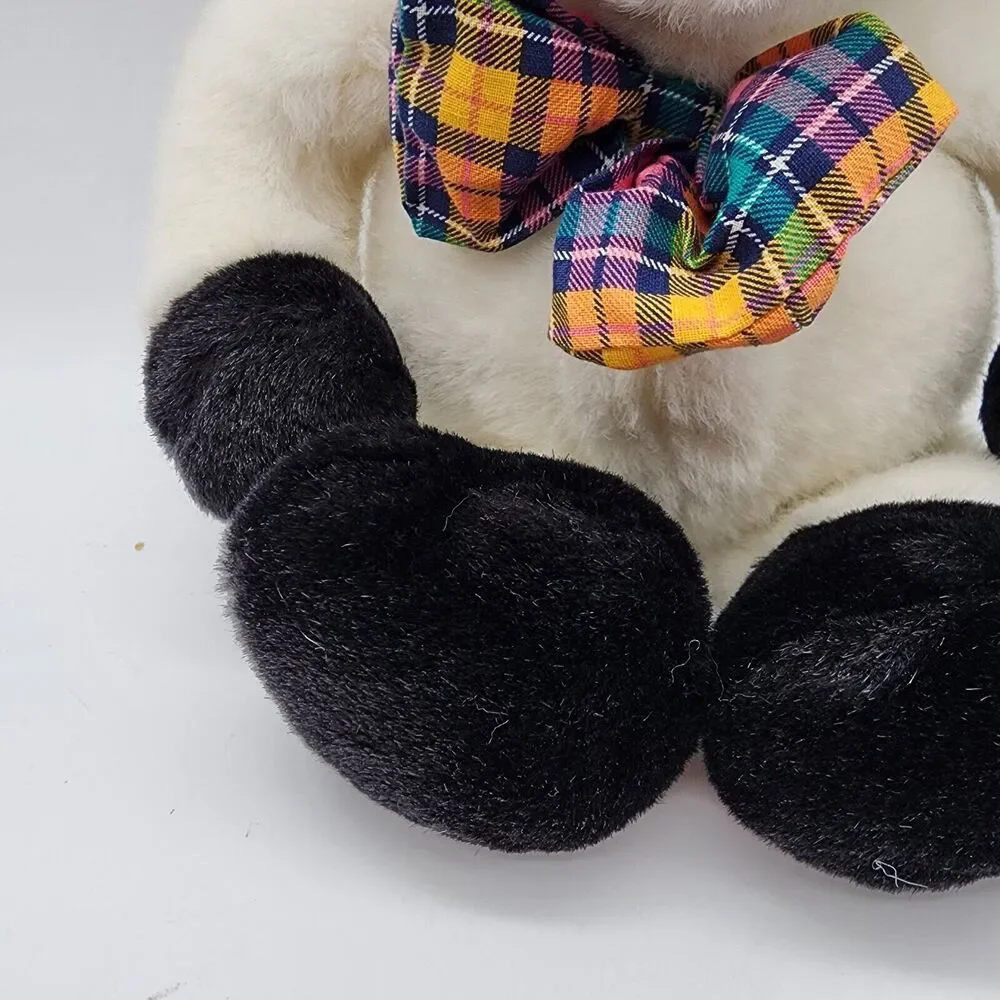 Commonwealth Cow Plush 15” Black White Fur Plaid Bow Flat Eyes Stuffed Animal